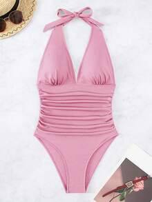 SHEIN Swim 夏季沙灘純色褶皺露背頸掛式連身泳衣 - 粉色 - 查看 3