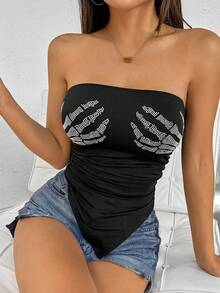 SHEIN EZwear Summer Leisure Spike & Rhinestone & Skeleton Hand Printed Asymmetric Hem Tight Strapless Top - Black - View 5