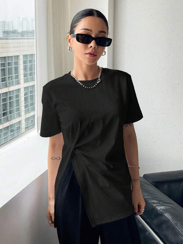 DAZY Solid Color Short Sleeve T-Shirt With Split Hem, Casual Style For Summer