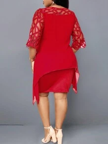 SHEIN Clasi Plus-size-kleid Mit Stickerei Und Netzstoff - Rot - Übersicht 2