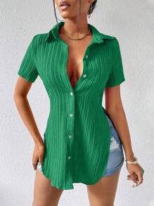 VaVaBold Women Solid Color Textured Split Hem Short Sleeve Summer Shirt - Green - View 4