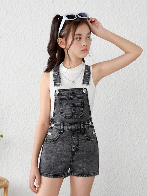 SHEIN Tween Girls Y2K Frühling Sommer Boho Casual Patch Pocket Denim Overalls Jumpsuit, Mädchen Denim Strampler für Frühling Sommer Outfits