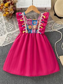 Young Girl Crochet Printed Fringe Tassel Detail Ruffle Edge Decorated A-Line Dress - Hot Pink - View 2