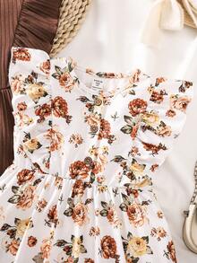 SHEIN 年轻女孩针织花卉圆领荷叶边袖孔美拉德风格可爱两件套连衣裙 - 彩色 - 查看 5