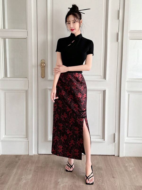 EastFlair New Chinese Style Dragon Jacquard Split Skirt
