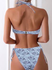 SHEIN Swim Women's Halter Floral Print Bikini Set For Holiday, With Neck Tie And Separated Bottom Summer