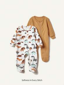Cozy Pixies Set a juego de mameluco de manga larga sólido con diseño de dinosaurio y cuello redondo para niño recién nacido con pies
