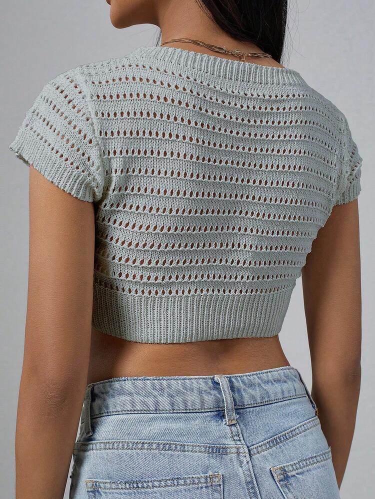 Ladies" Solid Color Slim Fit Short Knitted Top With Hollow Out Design For Summer
