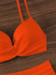 SHEIN Swim 實心鋼絲比基尼套裝泳裝，適用於度假，夏日沙灘 - 橘色 - 查看 4