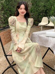 DAZY Ink Wash Smudge Effect Waisted Short Sleeve Midi Dress,Fall Dress Long Sleeve Dress - Cadet Blue - View 4