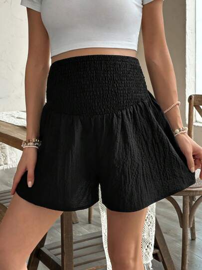 SHEIN Maternity Solid Color Textured High Waist Pleated Wide-Leg Shorts For Summer