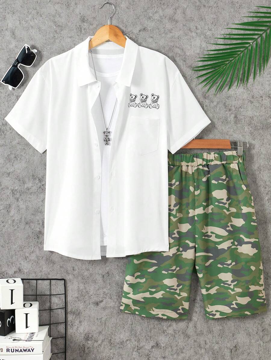 Teen Boy Bear Print Simple All-Match Short-Sleeved Shirt And Camouflage Shorts Two-Piece Set - White - View 1