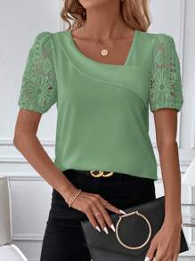 SHEIN Clasi 夏季短袖純色不對稱領口蕾絲拼接T恤 - 綠色 - 查看 3