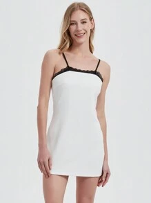 Women Contrast Lace Trim Sleeveless Slip Mini Dress, Summer - White - View 5