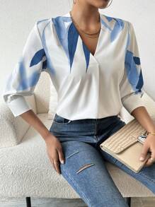 SHEIN Women V-Neck Printed Simple Daily Work Matching Spring/Summer Short-Sleeved Shirt,Three Quarter Sleeve Tops - Blue - View 3