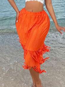 SHEIN SXY Falda maxi plisada de cintura alta con borlas naranjas en el dobladillo para vacaciones en la playa, para la primavera o el verano, ideal para festivales y ocasiones sexy - Naranja - Ver 7