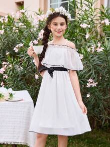 SHEIN Tween Girl Casual Elegant Mesh Frill Ruffle Cami Dress - White - View 1