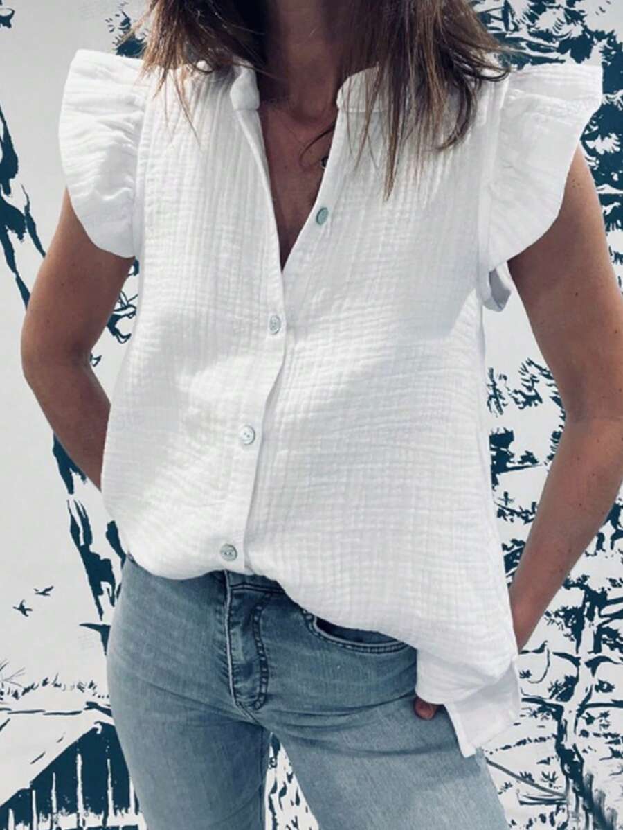 Chiquease Women's Solid Color Texture Cooling Long Sleeve Blouse With Flared Sleeves And Stand Collar Women Shirt - White - View 1