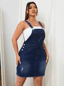 SHEIN EZwear Kích thước lớn Quần yếm Denim Đau khổ Váy không tay - Rửa tối - Xem 4