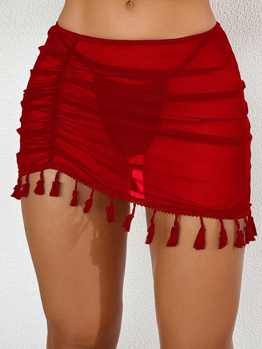 SHEIN Swim 1 件女式纯色流苏波西米亚风半身裙罩衫夏季 - 紅色 - 查看 1