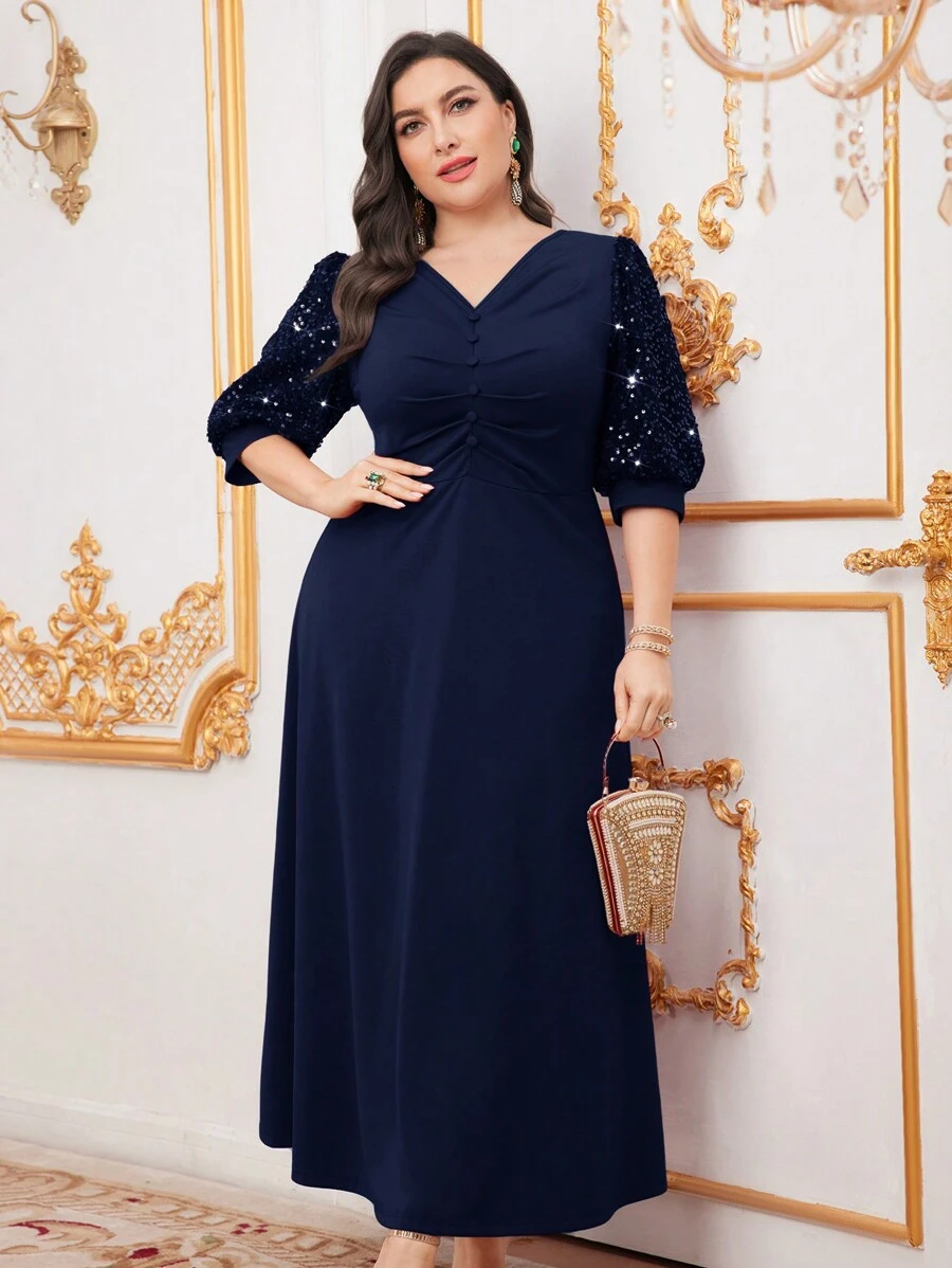 Modelyn Kích thước lớn Long lanh Vá lại Xếp li Eo Dài Đầm Cho mùa xuân Và Mùa hè - Màu xanh hải quân - Xem 1