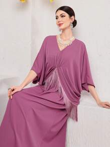 Al Najma Women Loose Turkish Style Long Shirt With Batwing Sleeves, Fringe Detail And Patchwork Kaftan Jalabiya Dress