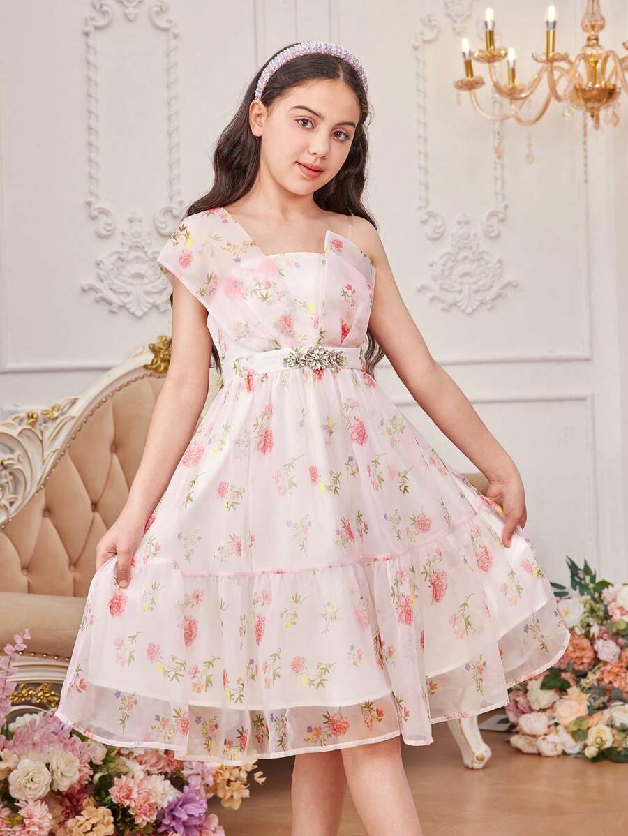 SHEIN Tween Girls' Adorable One Shoulder Asymmetric Organza Floral Print Dress With Rhinestone Detailing For Summer - Pink - View 1