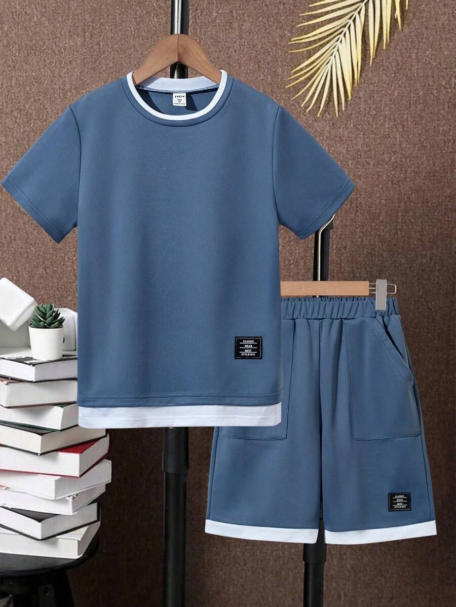 SHEIN Young Boy Patchwork Contrast Color Round Neck Short Sleeve T-Shirt And Shorts Set With Pockets - Dusty Blue - View 1