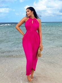 SHEIN SXY Pleated Fabric Halter Backless Cross Strap Sleeveless Dress - Hot Pink - View 4
