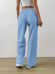 SHEIN EZwear Màu Quả mơ Bông Và Lanh Lỏng lẻo Thẳng Eo dây rút Túi nghiêng Quần - Màu xanh bụi bặm - Xem 2