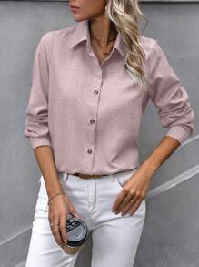SHEIN LUNE Women Blouses Tombol Depan Plain Casual - Berwarna merah muda - View 5