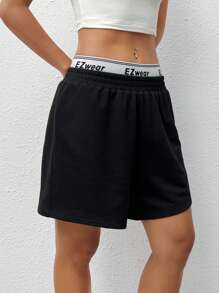 SHEIN EZwear Mùa hè Tùy chỉnh Lá thư In Đàn hồi Dây rút Giải trí Quần short - màu đen - Xem 5
