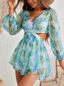 SHEIN VCAY Enterizo para mujeres con cintura alta y manga larga verde con encaje transparente para verano de vacaciones