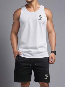 Manfinity Homme 男士椰樹印花休閒背心和短褲套裝，夏季必備 - 白色 - 查看 1