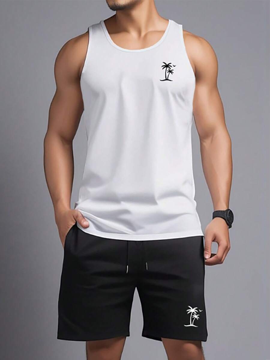 Manfinity Homme 男士椰樹印花休閒背心和短褲套裝，夏季必備 - 白色 - 查看 1
