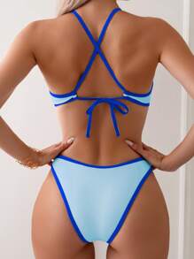 Swim Vcay Bộ bikini hai mảnh buộc dây màu tương phản đi biển mùa hè Bikini xanh - Màu xanh lam - Xem 2