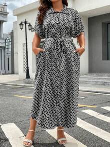 SHEIN LUNE Kích thước lớn NỮ Mùa hè In Hình học tay cánh Giải trí Váy sơ mi - màu đen - Xem 1