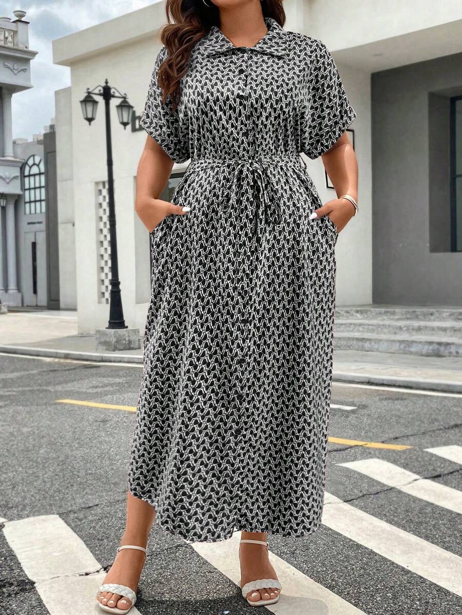 SHEIN LUNE Kích thước lớn NỮ Mùa hè In Hình học tay cánh Giải trí Váy sơ mi - màu đen - Xem 1