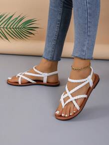 Women Woven Flat Sandals In Black/Brown, Flip Flops With Toe Ring And Open Toe, Non-Slip Slipper For Indoor And Outdoor Use - White - View 5