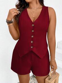 SHEIN Frenchy Plus Size Women Fashionable Waist Cinching Casual Suit Vest Two Pieces Set Short Sets Summer