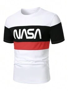 Manfinity Homme Men Letter Printed Color Block Casual Short Sleeve T-Shirt For Spring And Summer