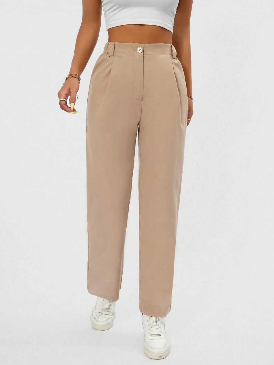 SHEIN PETITE Women Solid Color Daily Wear Casual Straight-Cut Long Pants - Khaki - View 1