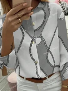 Women's Chain Print Stand Collar Long Sleeve Shirt,Long Sleeve Tops