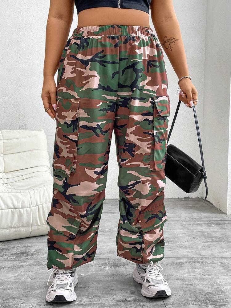 Plus Size Women Camouflage Cargo Pocketed Casual Pants Fall Cloth For Women