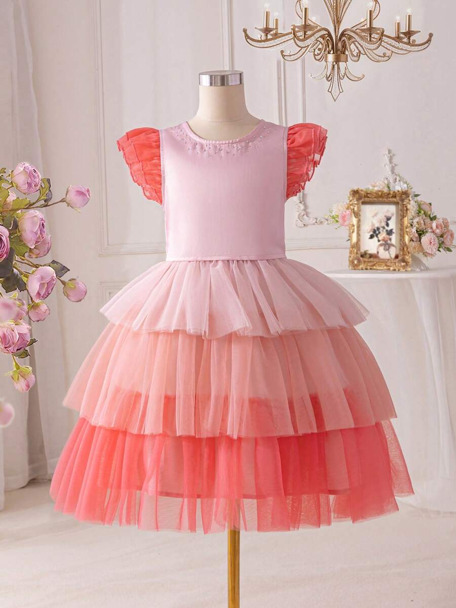 SHEIN Tween Girls' Embellished Collar Triple-Layered Mesh Ruffle-Sleeve Button-Back Blouse With Layered Mesh Skirt, 2pcs/Set