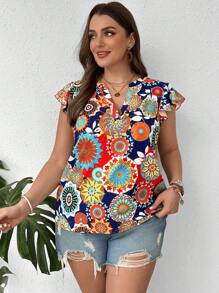 SHEIN LUNE Blusa de talla grande de verano con estampado floral colorido, cuello en V y volante en el bajo