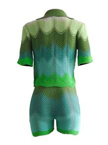 2pcs Women Color Block Crochet Short Sleeve Knit Top And Shorts Set - Green - View 3