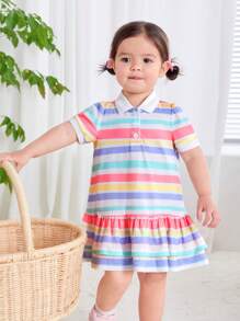 SHEIN Baby Girls' Leisure Knitted Striped Short Sleeved Polo Collar Dress - White - View 3