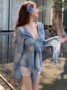 DAZY Áo sơ mi nữ dài tay viền bèo nhún, Quần áo nữ mùa thu - Màu xanh lam - Xem 3