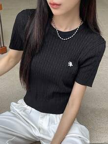 DAZY 女士圓領短袖針織上衣，適合春夏日常穿搭 - 黑色 - 查看 5